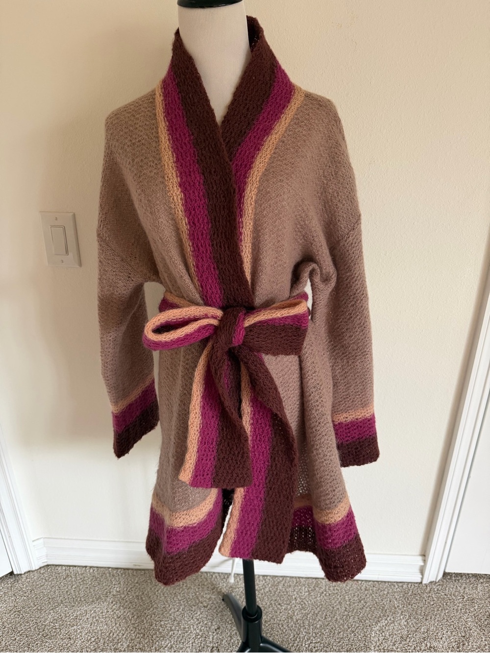 Womens Taupe Wrap Cardigan with Pink Stripe